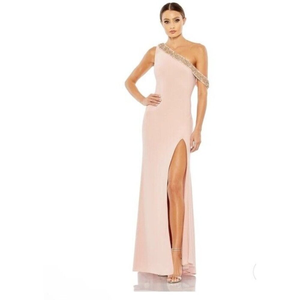 Mac Duggal Blush One-Shoulder Maxi Gown with Beaded Strap
